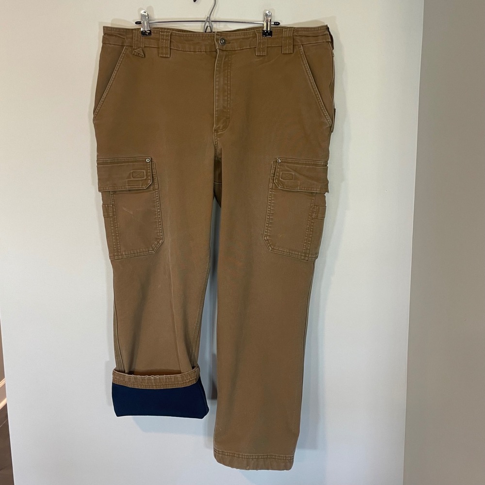 Duluth Trading Co Flex Fire Hose Fleece Lined Cargo Pants Brown Tan Mens 44x32